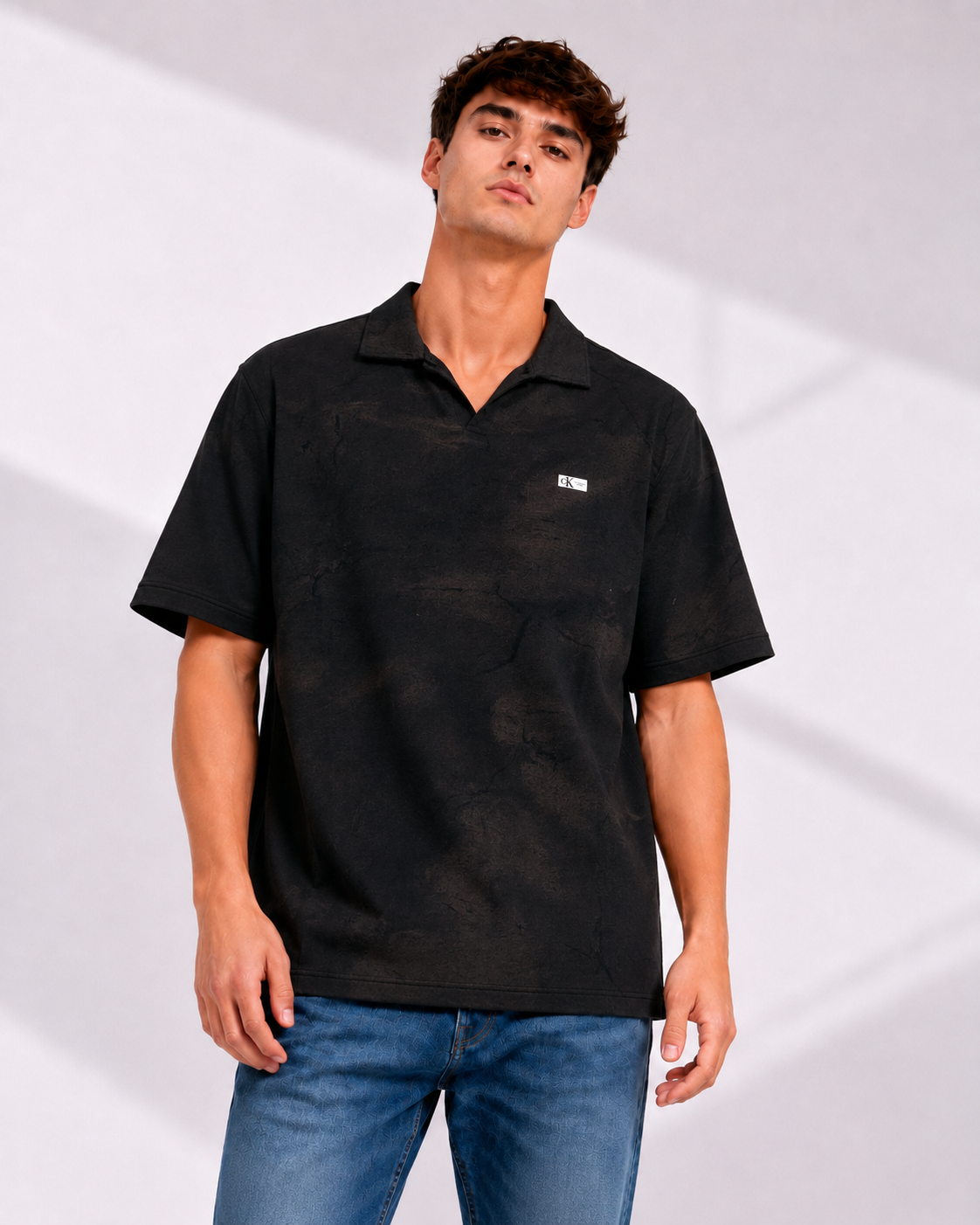 Men's Marble Print Open-Collar CK Polo Shirt